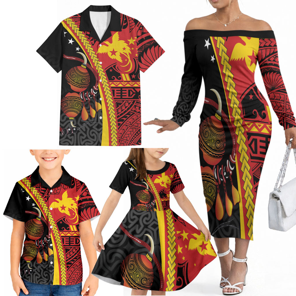 Papua New Guinea Independence Personalised Family Matching Off The Shoulder Long Sleeve Dress and Hawaiian Shirt PNG Bagi and Lime Pot LT7 - Polynesian Pride