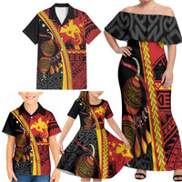 Papua New Guinea Independence Personalised Family Matching Off Shoulder Maxi Dress and Hawaiian Shirt PNG Bagi and Lime Pot LT7 - Polynesian Pride
