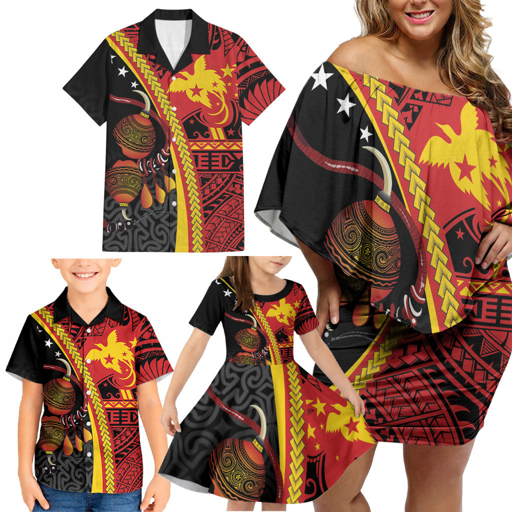 Papua New Guinea Independence Personalised Family Matching Off Shoulder Short Dress and Hawaiian Shirt PNG Bagi and Lime Pot LT7 - Polynesian Pride
