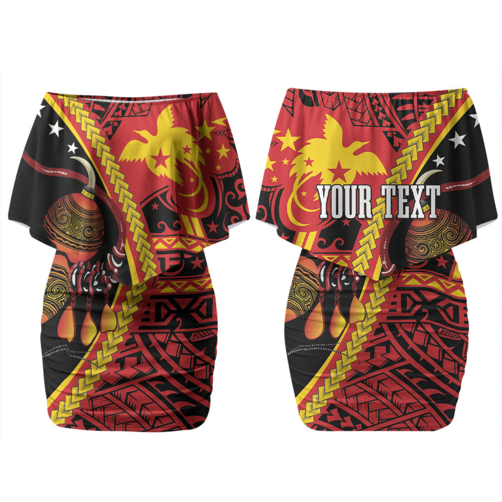 Papua New Guinea Independence Personalised Family Matching Off Shoulder Short Dress and Hawaiian Shirt PNG Bagi and Lime Pot LT7 Mom's Dress Black - Polynesian Pride