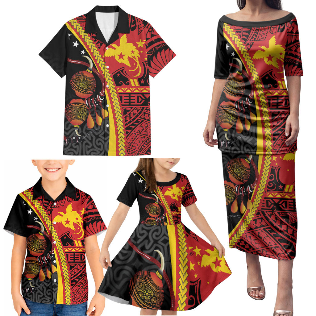 Papua New Guinea Independence Personalised Family Matching Puletasi and Hawaiian Shirt PNG Bagi and Lime Pot LT7 - Polynesian Pride