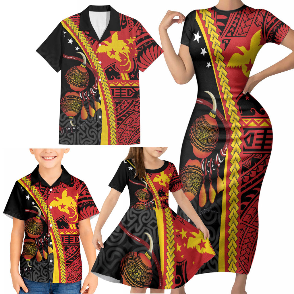 Papua New Guinea Independence Personalised Family Matching Short Sleeve Bodycon Dress and Hawaiian Shirt PNG Bagi and Lime Pot LT7 - Polynesian Pride