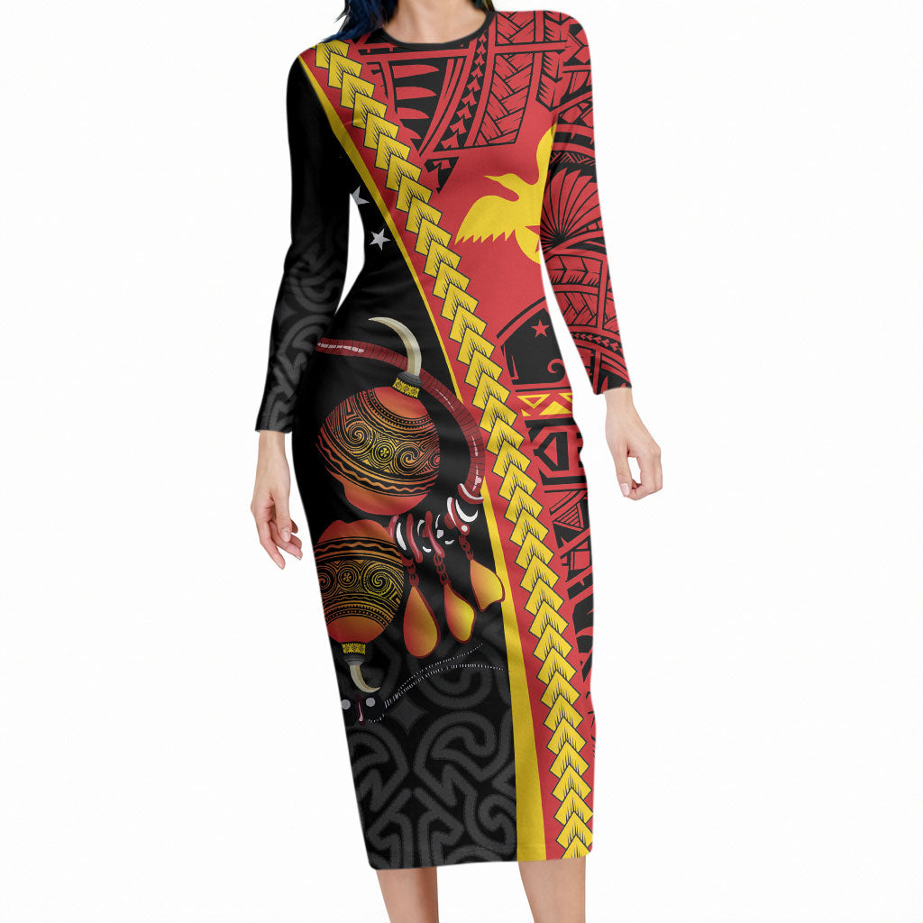 Papua New Guinea Independence Personalised Long Sleeve Bodycon Dress PNG Bagi and Lime Pot LT7 Long Dress Black - Polynesian Pride