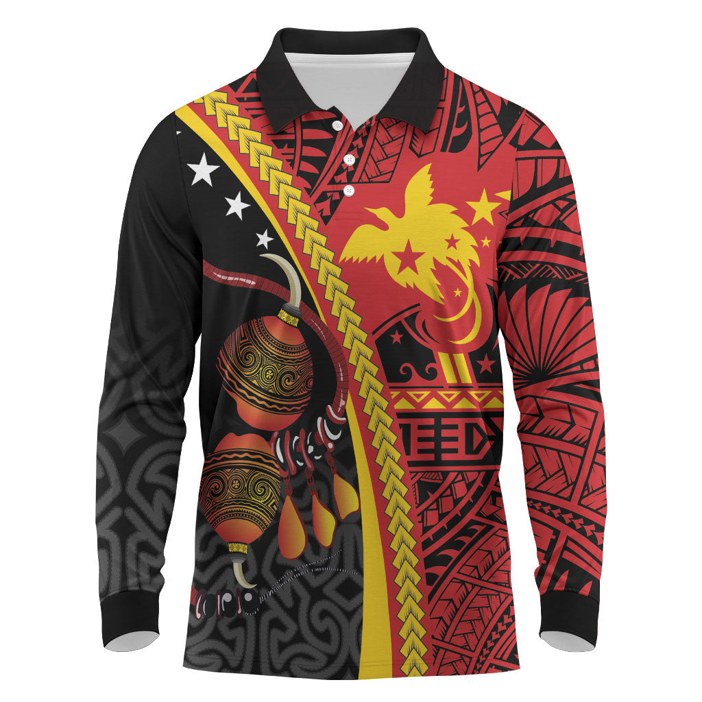 Papua New Guinea Independence Personalised Long Sleeve Polo Shirt PNG Bagi and Lime Pot LT7 Black - Polynesian Pride