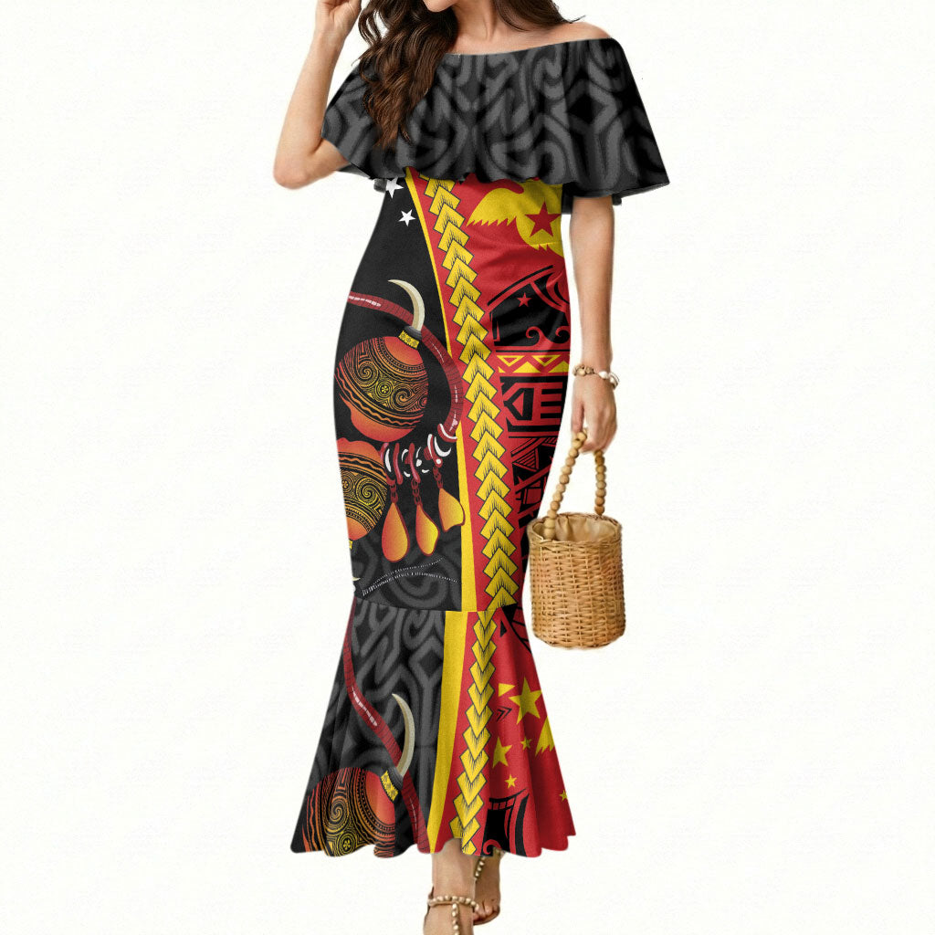Papua New Guinea Independence Personalised Mermaid Dress PNG Bagi and Lime Pot LT7 Women Black - Polynesian Pride