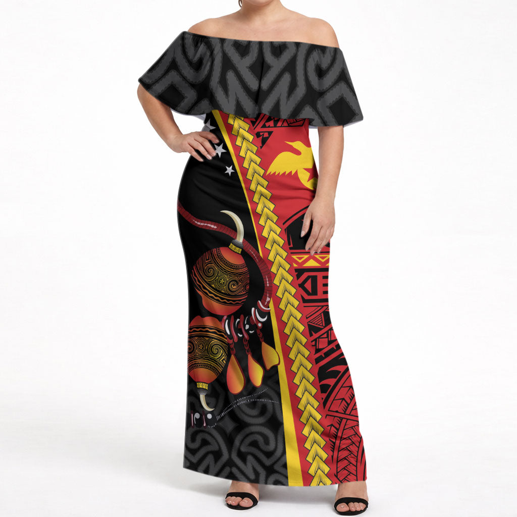 Papua New Guinea Independence Personalised Off Shoulder Maxi Dress PNG Bagi and Lime Pot LT7 Women Black - Polynesian Pride