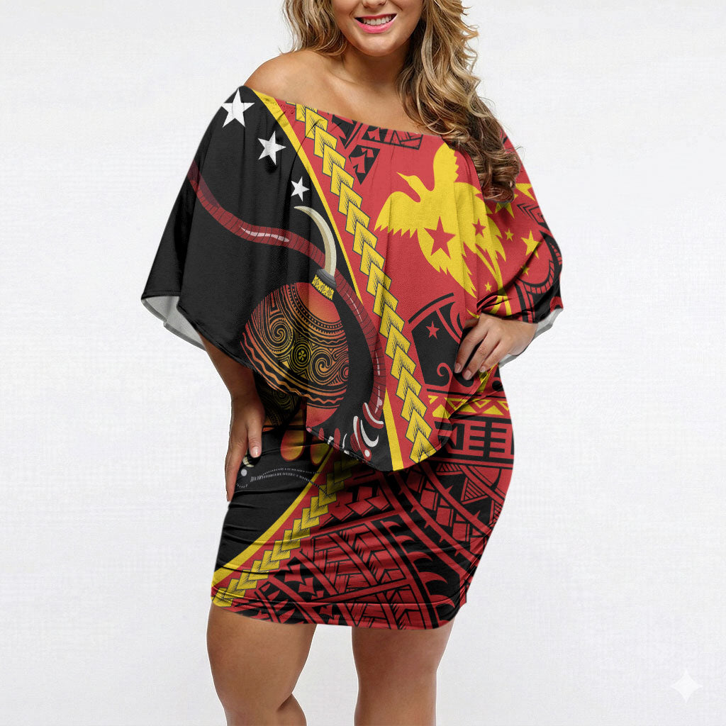 Papua New Guinea Independence Personalised Off Shoulder Short Dress PNG Bagi and Lime Pot LT7 Women Black - Polynesian Pride
