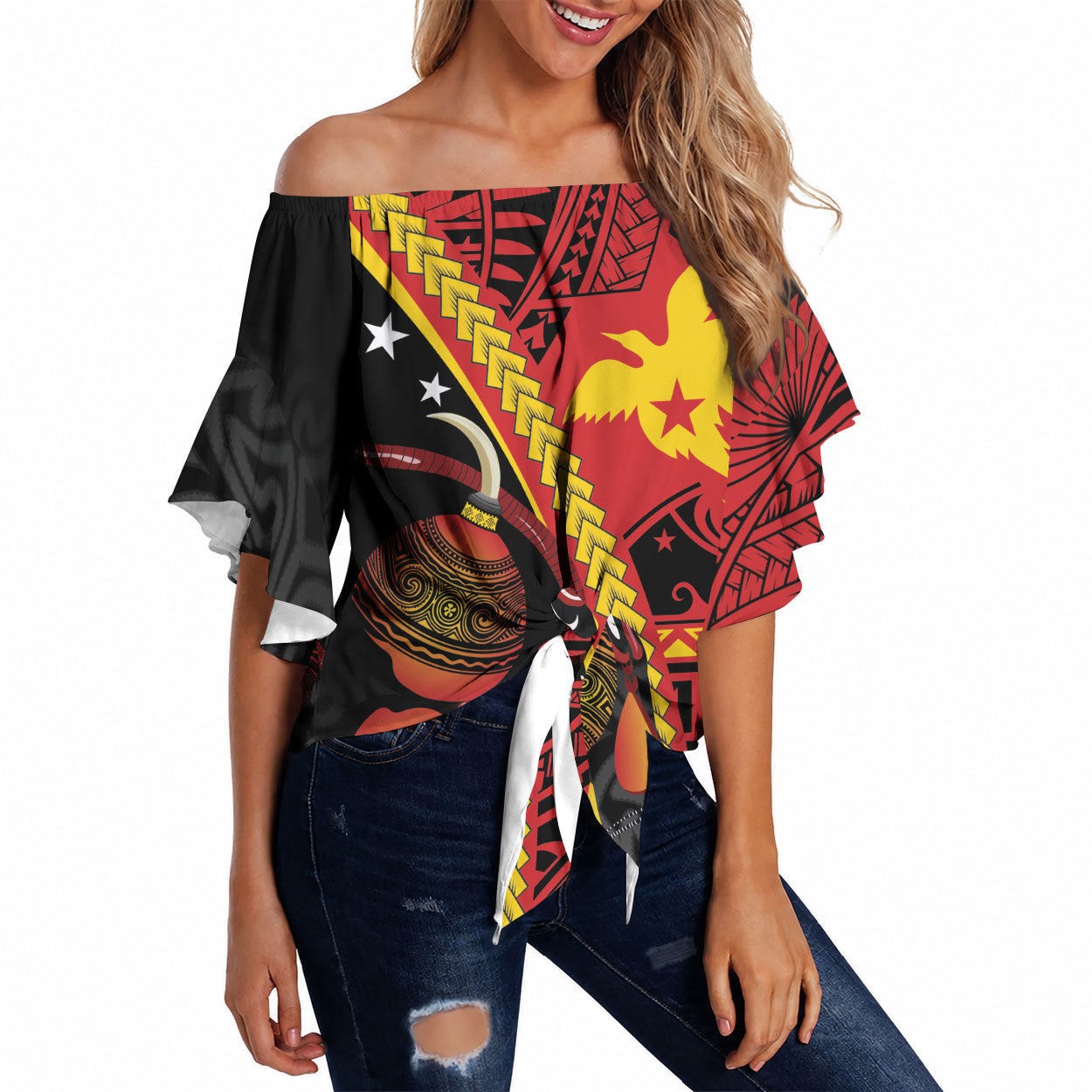 Papua New Guinea Independence Personalised Off Shoulder Wrap Waist Top PNG Bagi and Lime Pot LT7 Black - Polynesian Pride