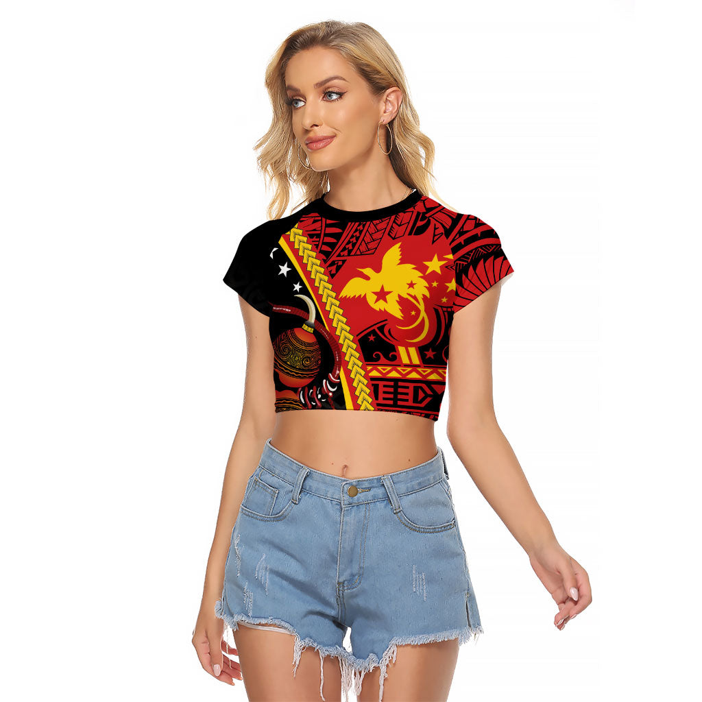 Papua New Guinea Independence Personalised Raglan Cropped T Shirt PNG Bagi and Lime Pot LT7 Female Black - Polynesian Pride