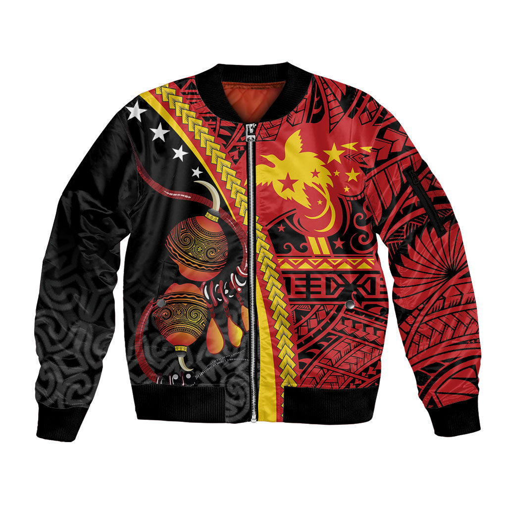 Papua New Guinea Independence Personalised Sleeve Zip Bomber Jacket PNG Bagi and Lime Pot LT7 Unisex Black - Polynesian Pride