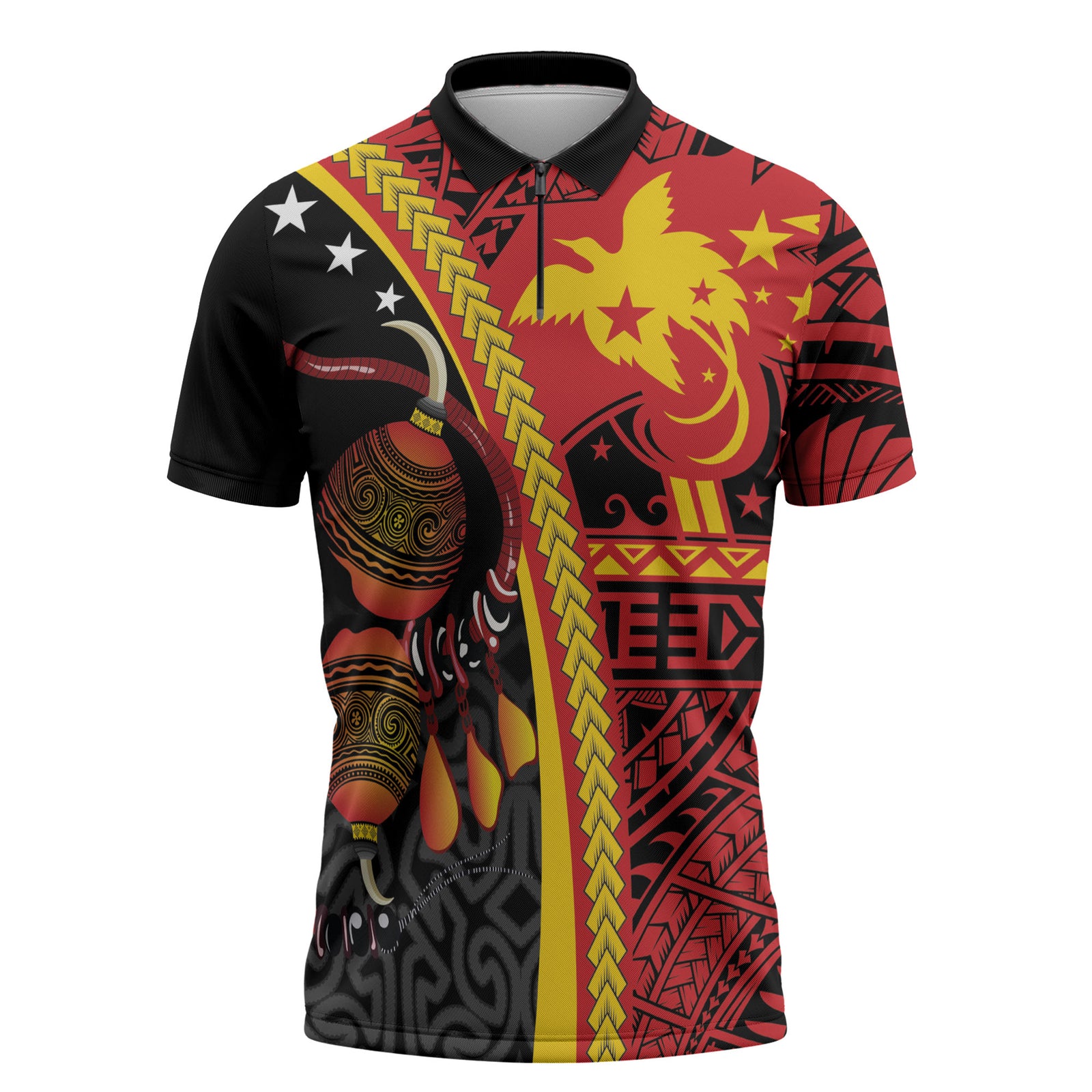 Papua New Guinea Independence Personalised Zipper Polo Shirt PNG Bagi and Lime Pot LT7 Black - Polynesian Pride