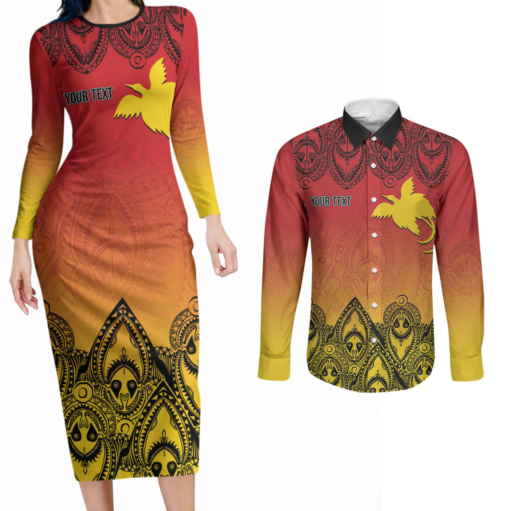 Papua New Guinea 1975 To The Future Personalised Couples Matching Long Sleeve Bodycon Dress and Long Sleeve Button Shirt Sepik Masks LT7 Red - Polynesian Pride