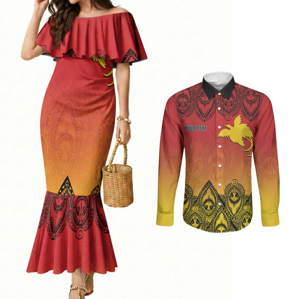 Papua New Guinea 1975 To The Future Personalised Couples Matching Mermaid Dress and Long Sleeve Button Shirt Sepik Masks LT7 Red - Polynesian Pride