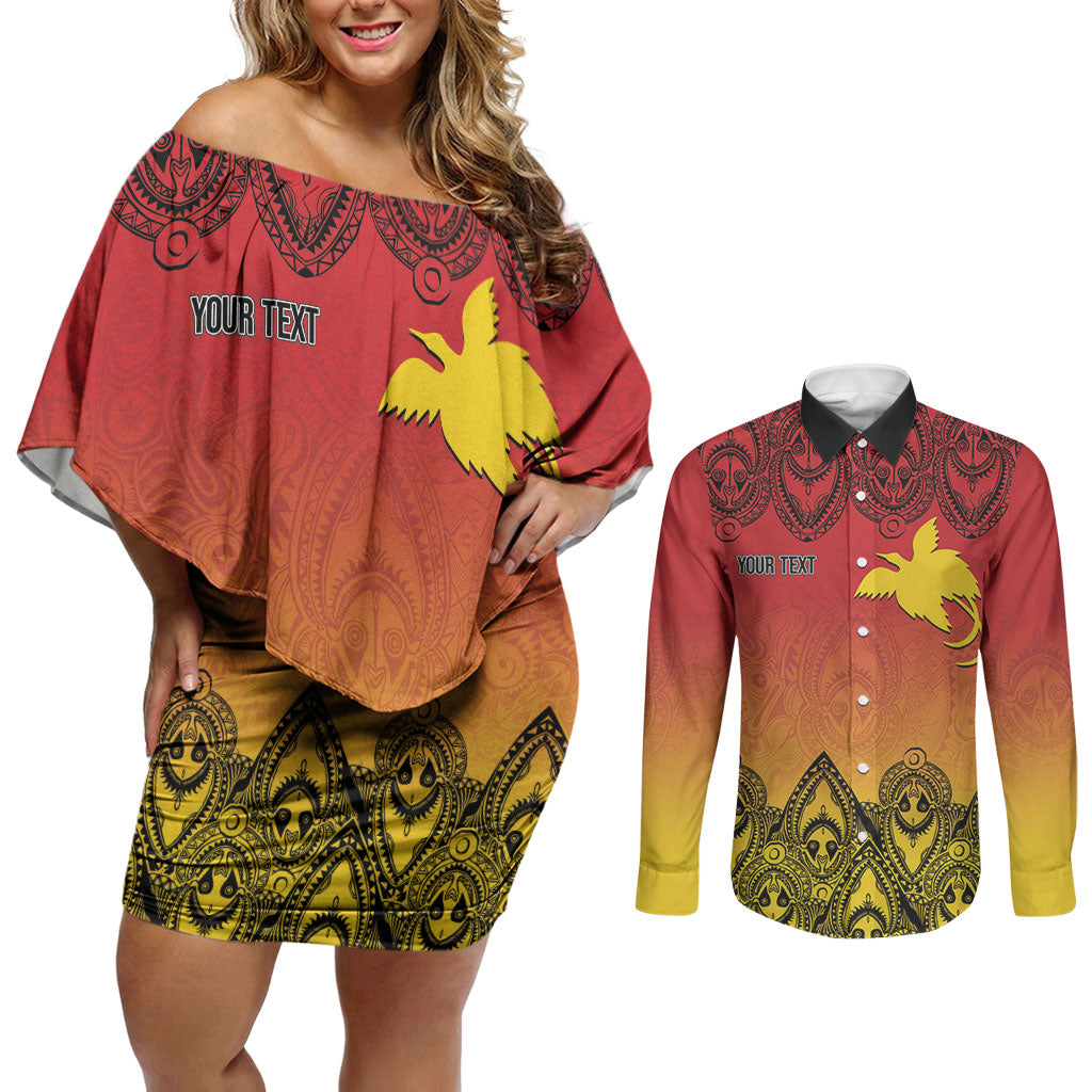 Papua New Guinea 1975 To The Future Personalised Couples Matching Off Shoulder Short Dress and Long Sleeve Button Shirt Sepik Masks LT7 Red - Polynesian Pride