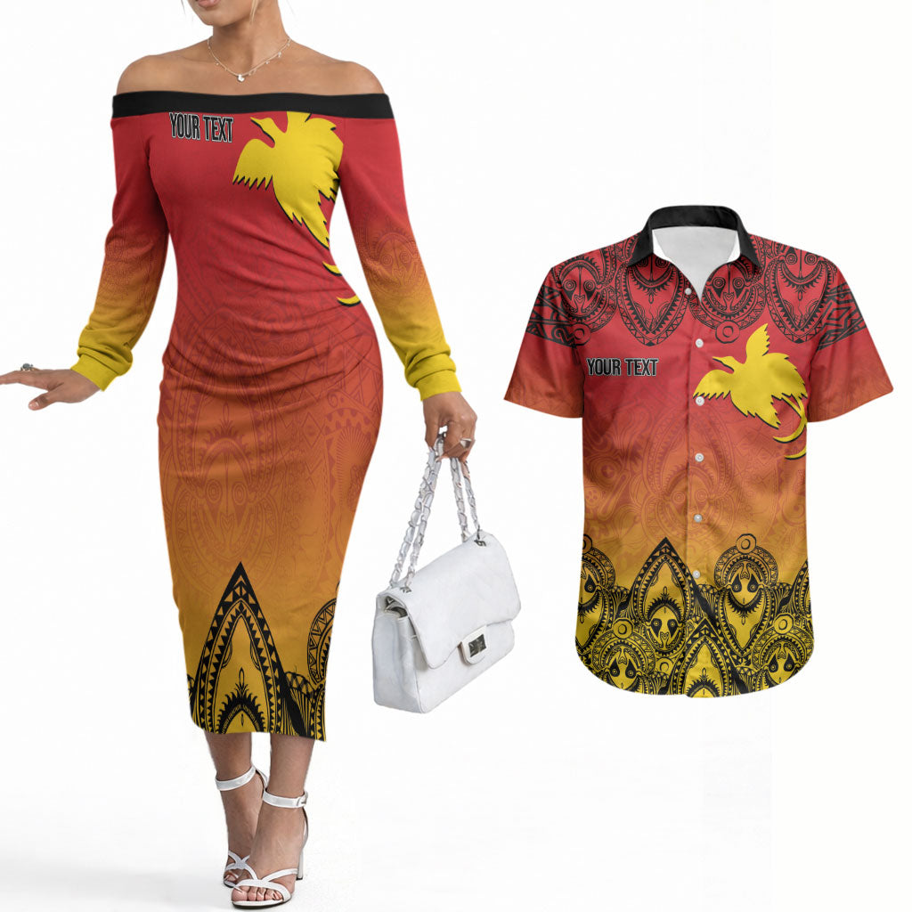Papua New Guinea 1975 To The Future Personalised Couples Matching Off The Shoulder Long Sleeve Dress and Hawaiian Shirt Sepik Masks LT7 Red - Polynesian Pride