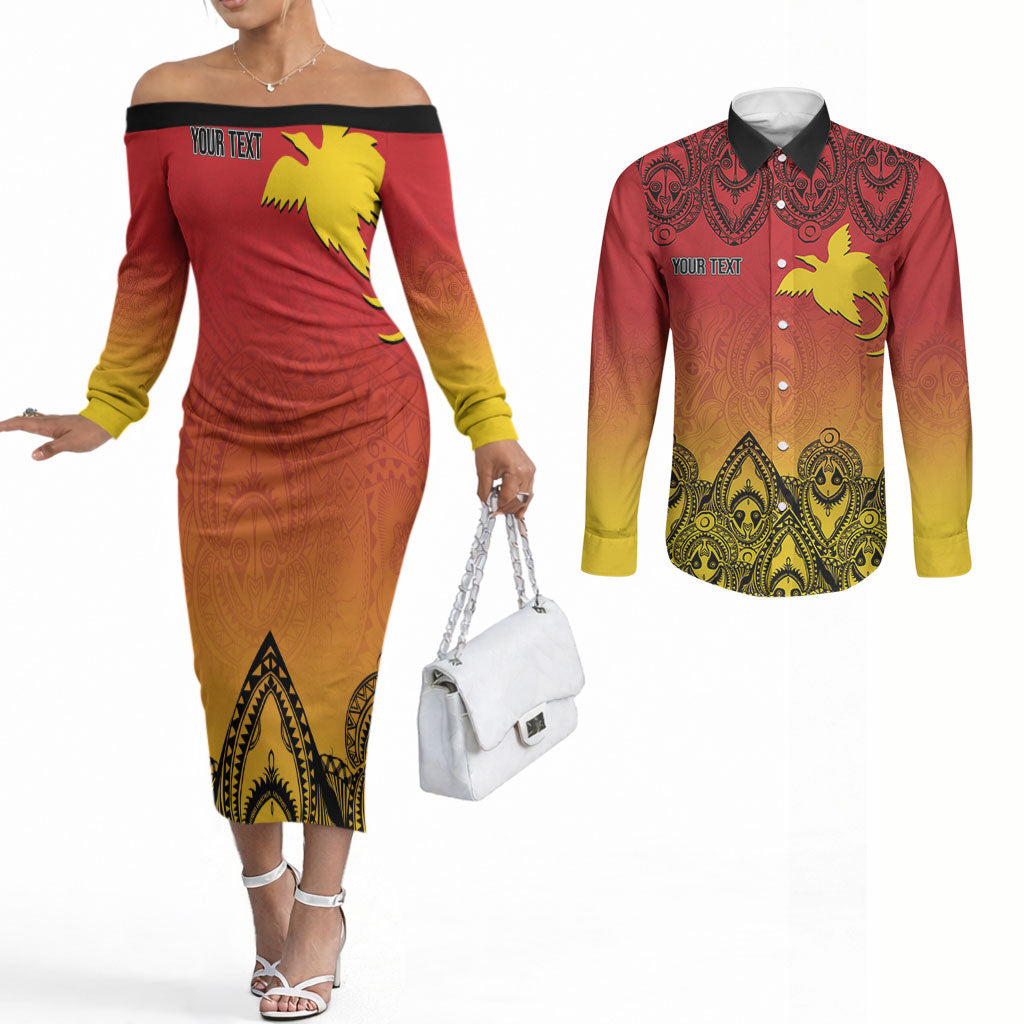 Papua New Guinea 1975 To The Future Personalised Couples Matching Off The Shoulder Long Sleeve Dress and Long Sleeve Button Shirt Sepik Masks LT7 Red - Polynesian Pride