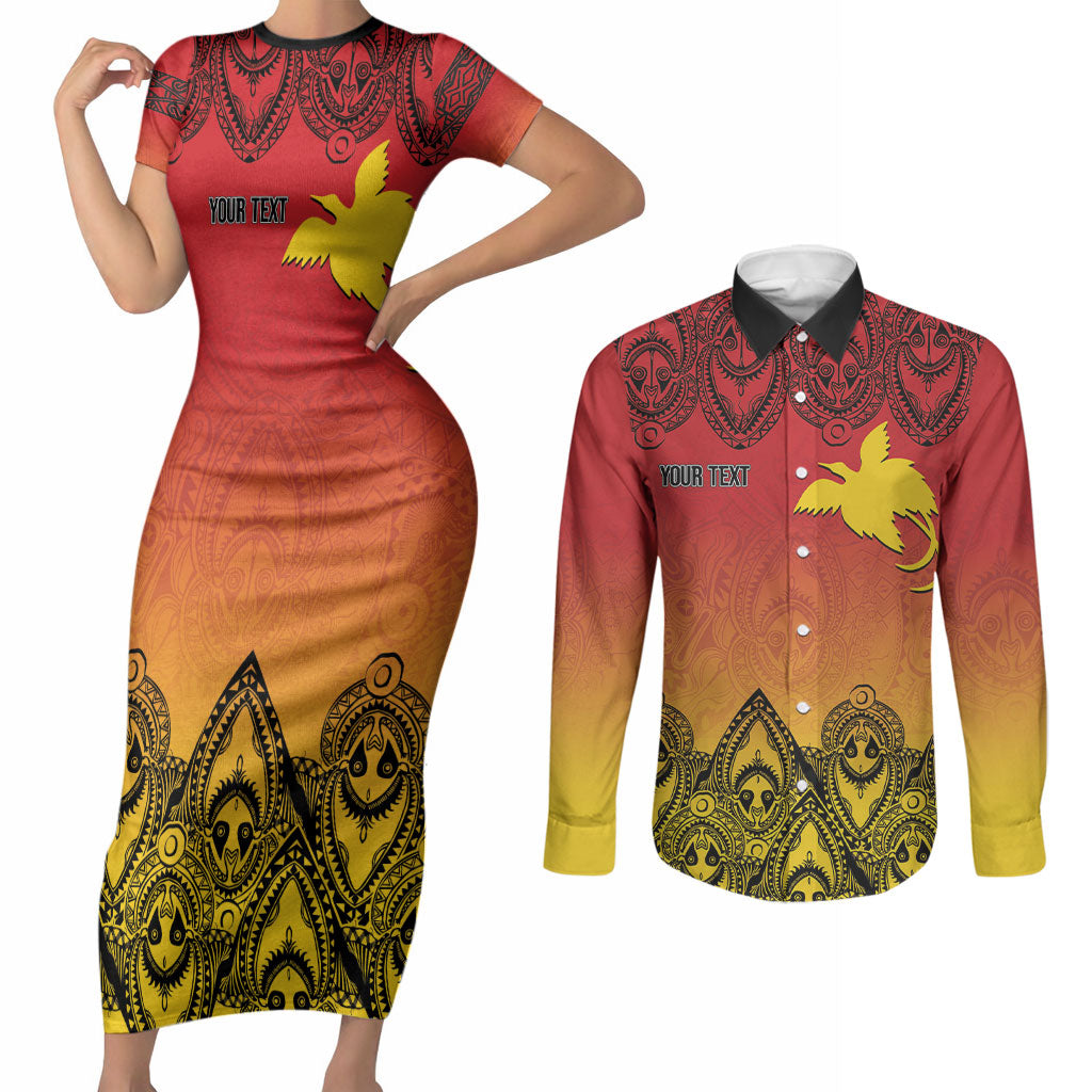 Papua New Guinea 1975 To The Future Personalised Couples Matching Short Sleeve Bodycon Dress and Long Sleeve Button Shirt Sepik Masks LT7 Red - Polynesian Pride
