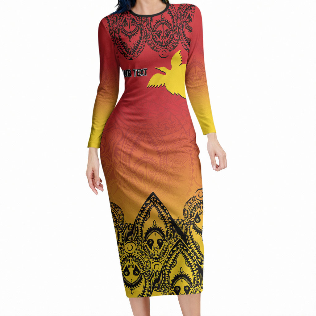 Papua New Guinea 1975 To The Future Personalised Long Sleeve Bodycon Dress Sepik Masks LT7 Long Dress Red - Polynesian Pride