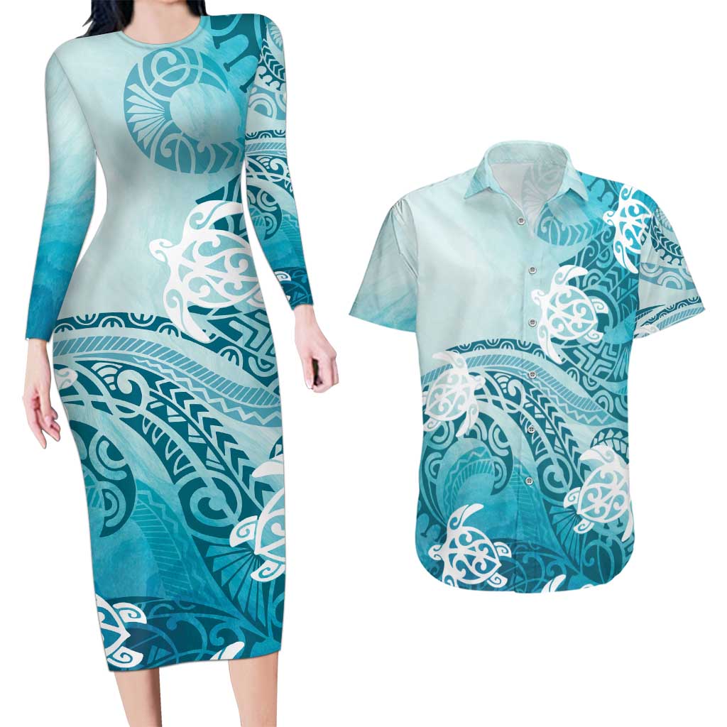 Polynesia Turtle Couples Matching Long Sleeve Bodycon Dress and Hawaiian Shirt Watercolor Abstract Style LT7 Blue - Polynesian Pride