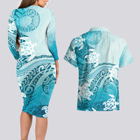 Polynesia Turtle Couples Matching Long Sleeve Bodycon Dress and Hawaiian Shirt Watercolor Abstract Style LT7 - Polynesian Pride
