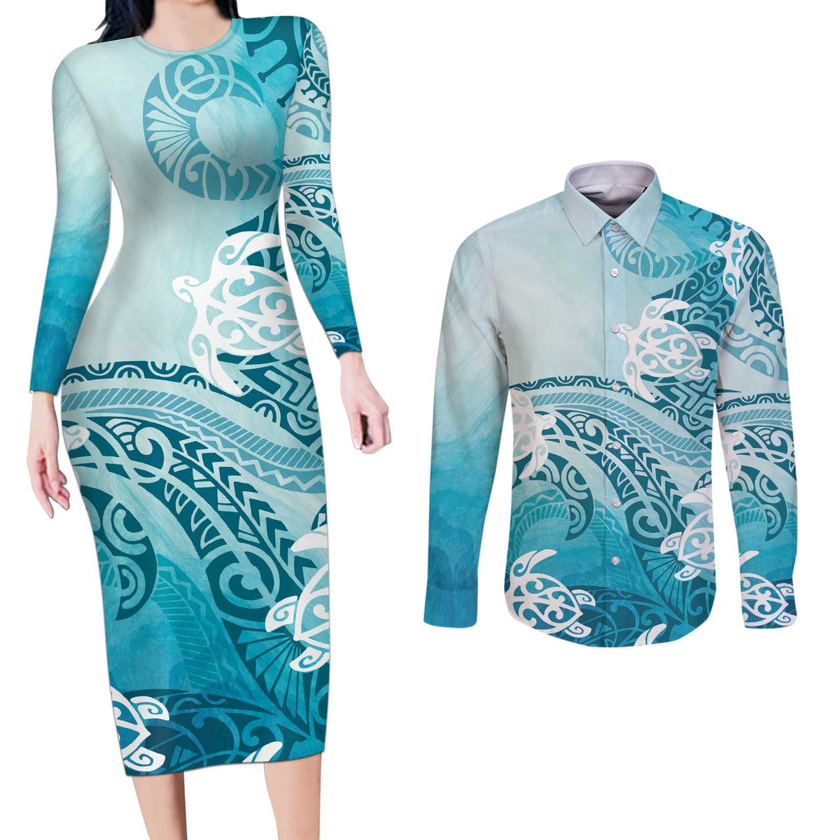 Polynesia Turtle Couples Matching Long Sleeve Bodycon Dress and Long Sleeve Button Shirt Watercolor Abstract Style LT7 Blue - Polynesian Pride