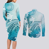 Polynesia Turtle Couples Matching Long Sleeve Bodycon Dress and Long Sleeve Button Shirt Watercolor Abstract Style LT7 - Polynesian Pride