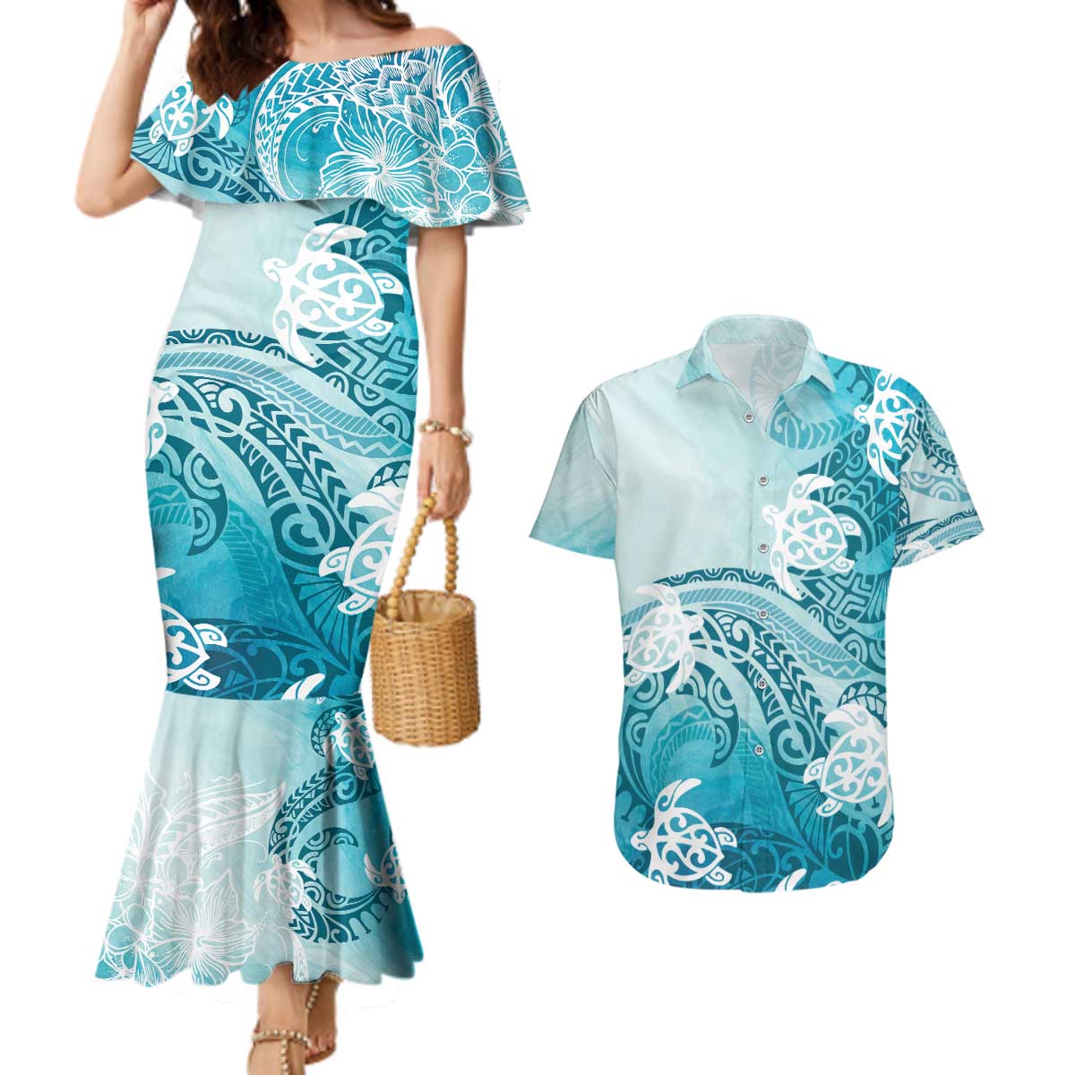 Polynesia Turtle Couples Matching Mermaid Dress and Hawaiian Shirt Watercolor Abstract Style