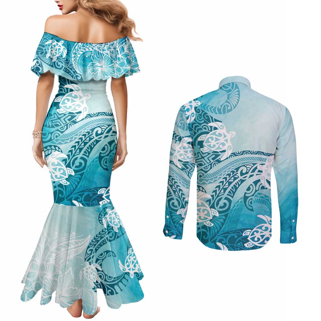 Polynesia Turtle Couples Matching Mermaid Dress and Long Sleeve Button Shirt Watercolor Abstract Style LT7 - Polynesian Pride