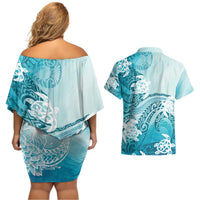 Polynesia Turtle Couples Matching Off Shoulder Short Dress and Hawaiian Shirt Watercolor Abstract Style