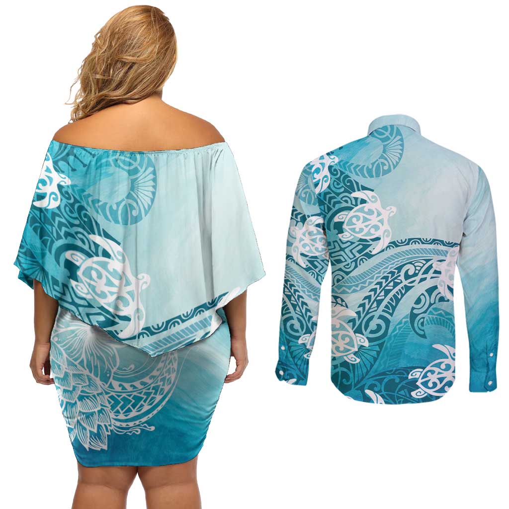 Polynesia Turtle Couples Matching Off Shoulder Short Dress and Long Sleeve Button Shirt Watercolor Abstract Style LT7 - Polynesian Pride
