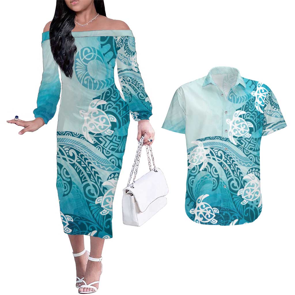 Polynesia Turtle Couples Matching Off The Shoulder Long Sleeve Dress and Hawaiian Shirt Watercolor Abstract Style LT7 Blue - Polynesian Pride