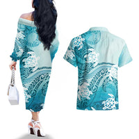 Polynesia Turtle Couples Matching Off The Shoulder Long Sleeve Dress and Hawaiian Shirt Watercolor Abstract Style LT7 - Polynesian Pride