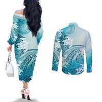 Polynesia Turtle Couples Matching Off The Shoulder Long Sleeve Dress and Long Sleeve Button Shirt Watercolor Abstract Style LT7 - Polynesian Pride