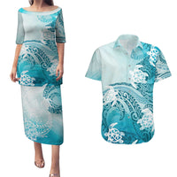 Polynesia Turtle Couples Matching Puletasi and Hawaiian Shirt Watercolor Abstract Style LT7 Blue - Polynesian Pride