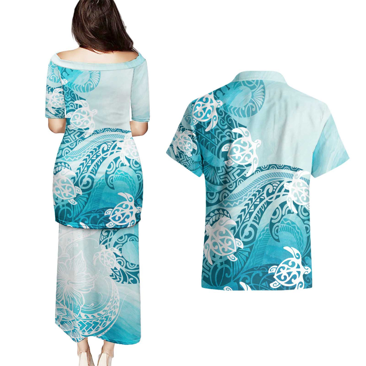 Polynesia Turtle Couples Matching Puletasi and Hawaiian Shirt Watercolor Abstract Style LT7 - Polynesian Pride
