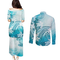 Polynesia Turtle Couples Matching Puletasi and Long Sleeve Button Shirt Watercolor Abstract Style LT7 - Polynesian Pride