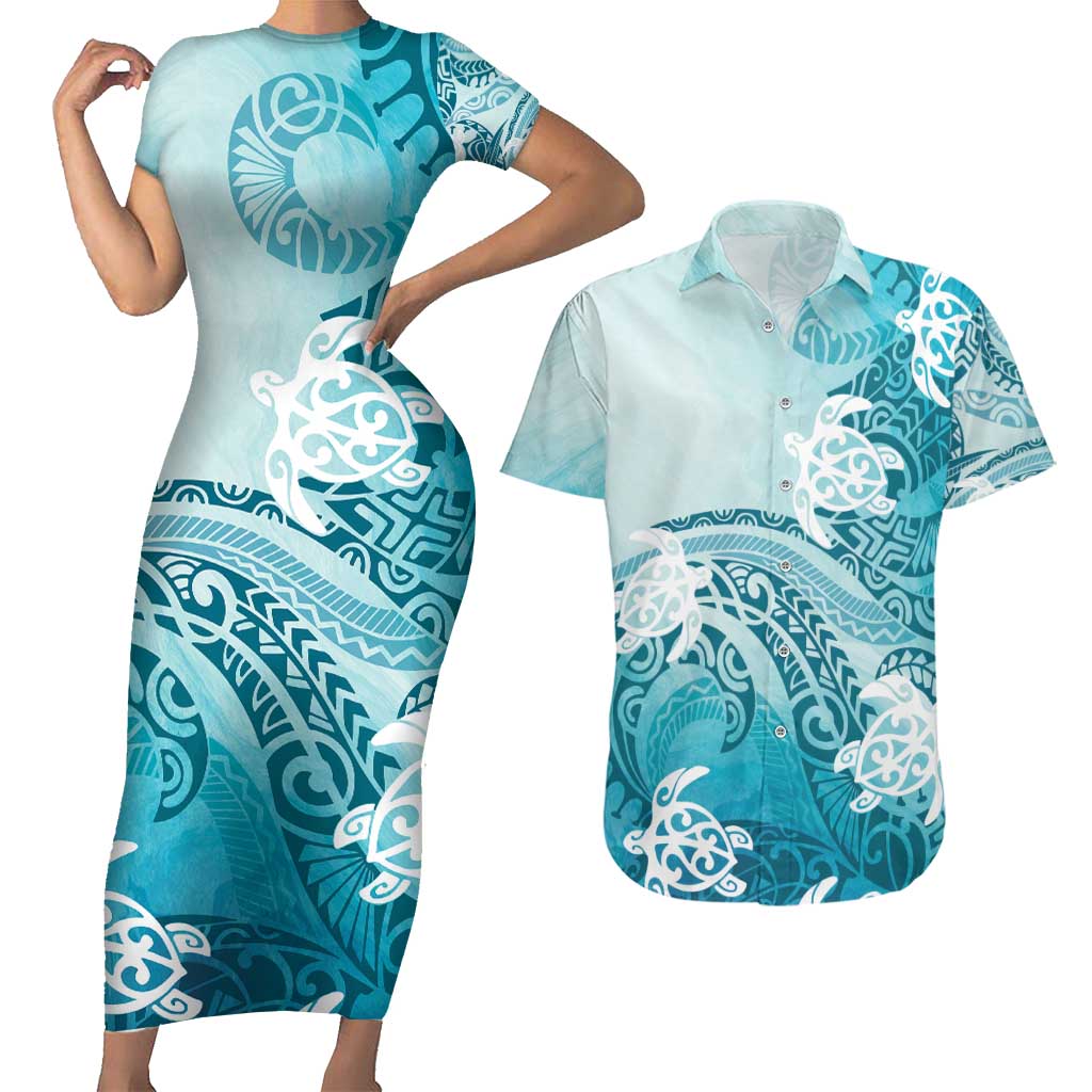 Polynesia Turtle Couples Matching Short Sleeve Bodycon Dress and Hawaiian Shirt Watercolor Abstract Style LT7 Blue - Polynesian Pride