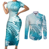 Polynesia Turtle Couples Matching Short Sleeve Bodycon Dress and Long Sleeve Button Shirt Watercolor Abstract Style LT7 Blue - Polynesian Pride