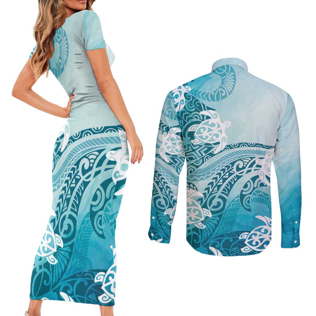 Polynesia Turtle Couples Matching Short Sleeve Bodycon Dress and Long Sleeve Button Shirt Watercolor Abstract Style LT7 - Polynesian Pride