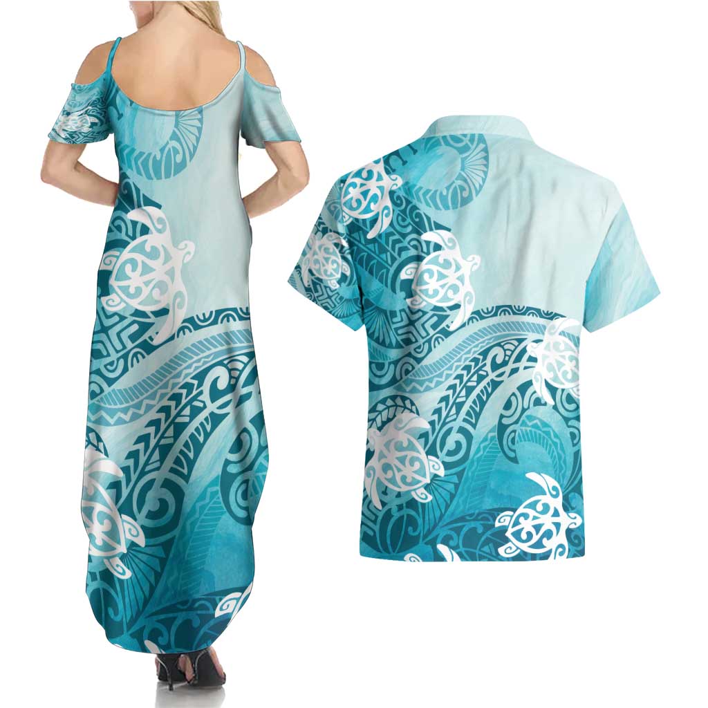 Polynesia Turtle Couples Matching Summer Maxi Dress and Hawaiian Shirt Watercolor Abstract Style LT7 - Polynesian Pride