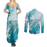 Polynesia Turtle Couples Matching Summer Maxi Dress and Long Sleeve Button Shirt Watercolor Abstract Style LT7 - Polynesian Pride