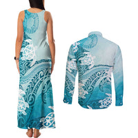 Polynesia Turtle Couples Matching Tank Maxi Dress and Long Sleeve Button Shirt Watercolor Abstract Style LT7 - Polynesian Pride