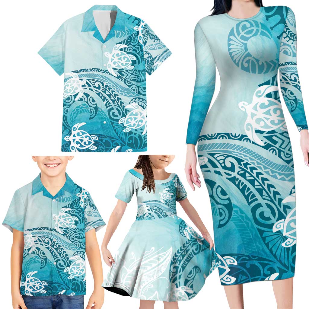 Polynesia Turtle Family Matching Long Sleeve Bodycon Dress and Hawaiian Shirt Watercolor Abstract Style