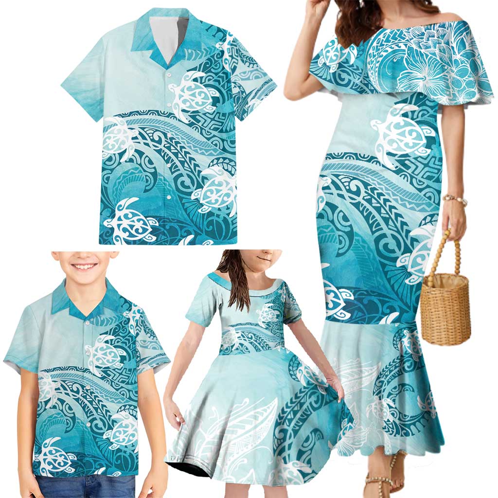 Polynesia Turtle Family Matching Mermaid Dress and Hawaiian Shirt Watercolor Abstract Style