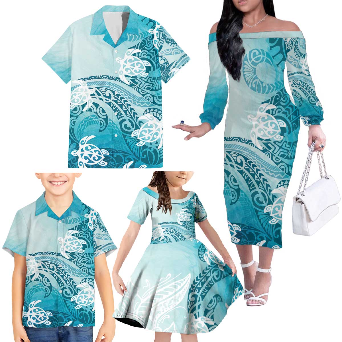 Polynesia Turtle Family Matching Off The Shoulder Long Sleeve Dress and Hawaiian Shirt Watercolor Abstract Style