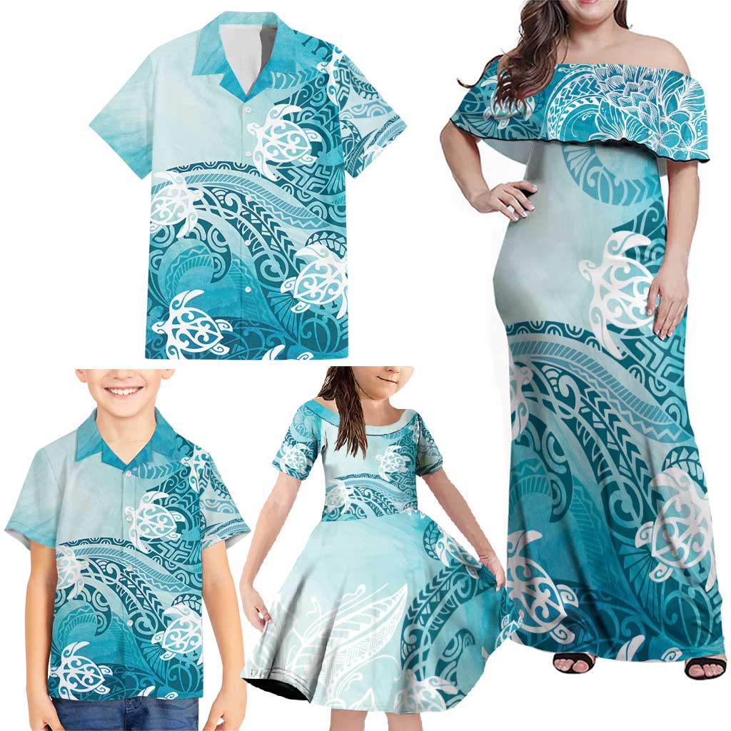 Polynesia Turtle Family Matching Off Shoulder Maxi Dress and Hawaiian Shirt Watercolor Abstract Style