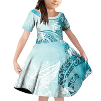 Polynesia Turtle Family Matching Off Shoulder Short Dress and Hawaiian Shirt Watercolor Abstract Style LT7 Daughter's Dress Blue - Polynesian Pride