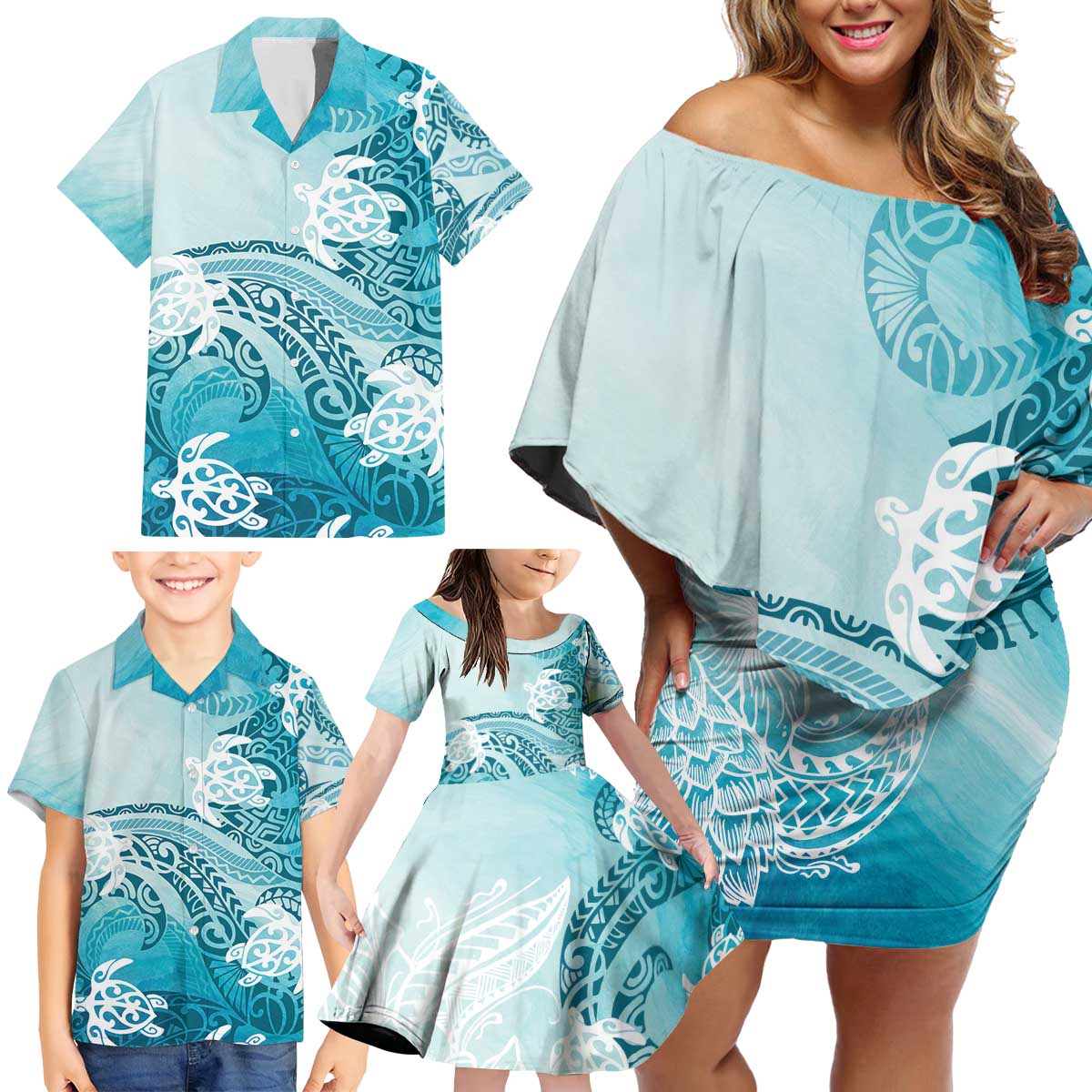 Polynesia Turtle Family Matching Off Shoulder Short Dress and Hawaiian Shirt Watercolor Abstract Style LT7 - Polynesian Pride
