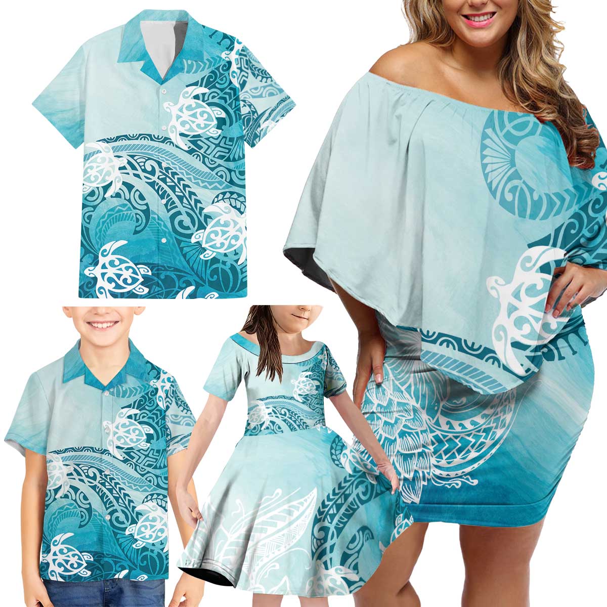 Polynesia Turtle Family Matching Off Shoulder Short Dress and Hawaiian Shirt Watercolor Abstract Style