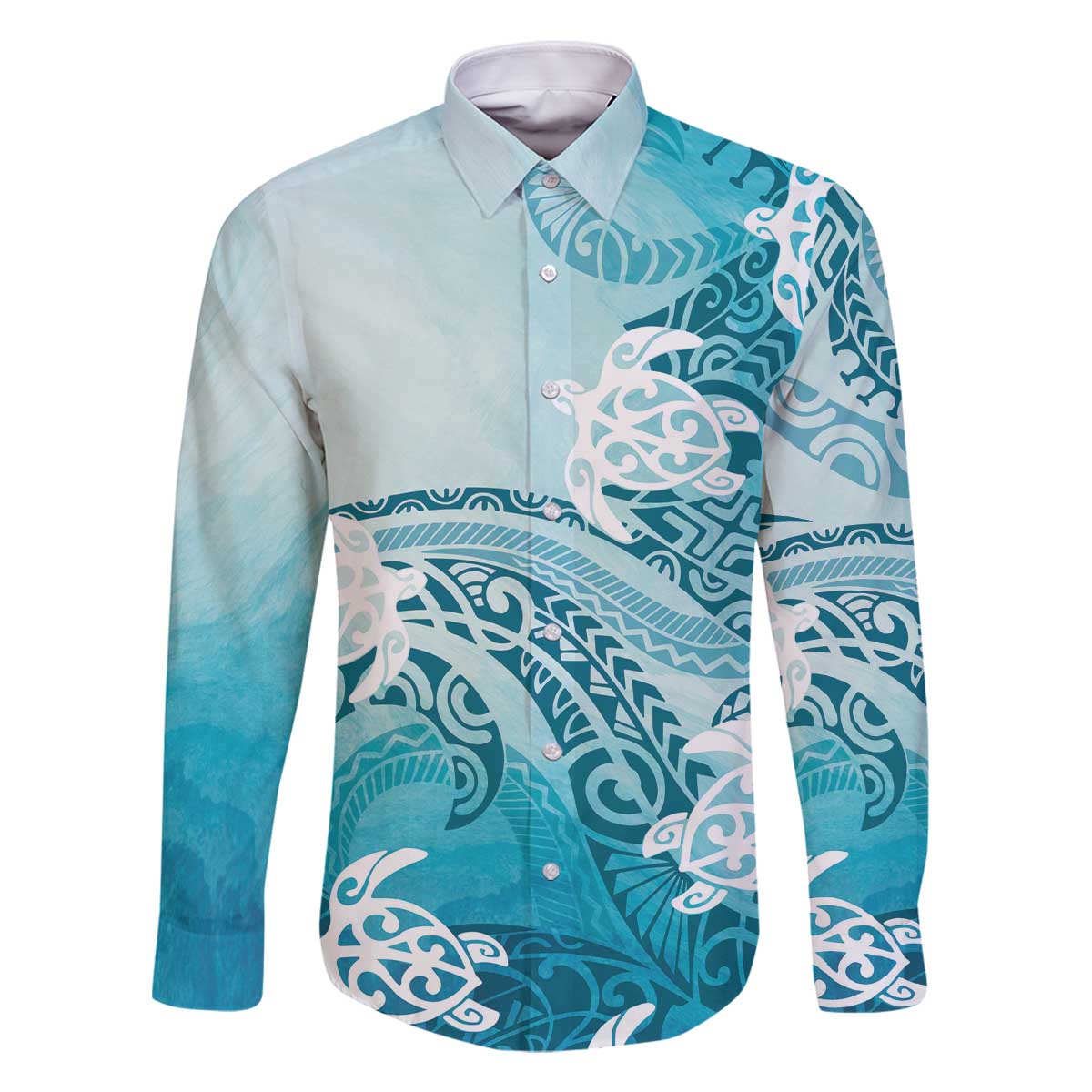 Polynesia Turtle Family Matching Off Shoulder Short Dress and Hawaiian Shirt Watercolor Abstract Style LT7 Dad's Shirt - Long Sleeve Blue - Polynesian Pride